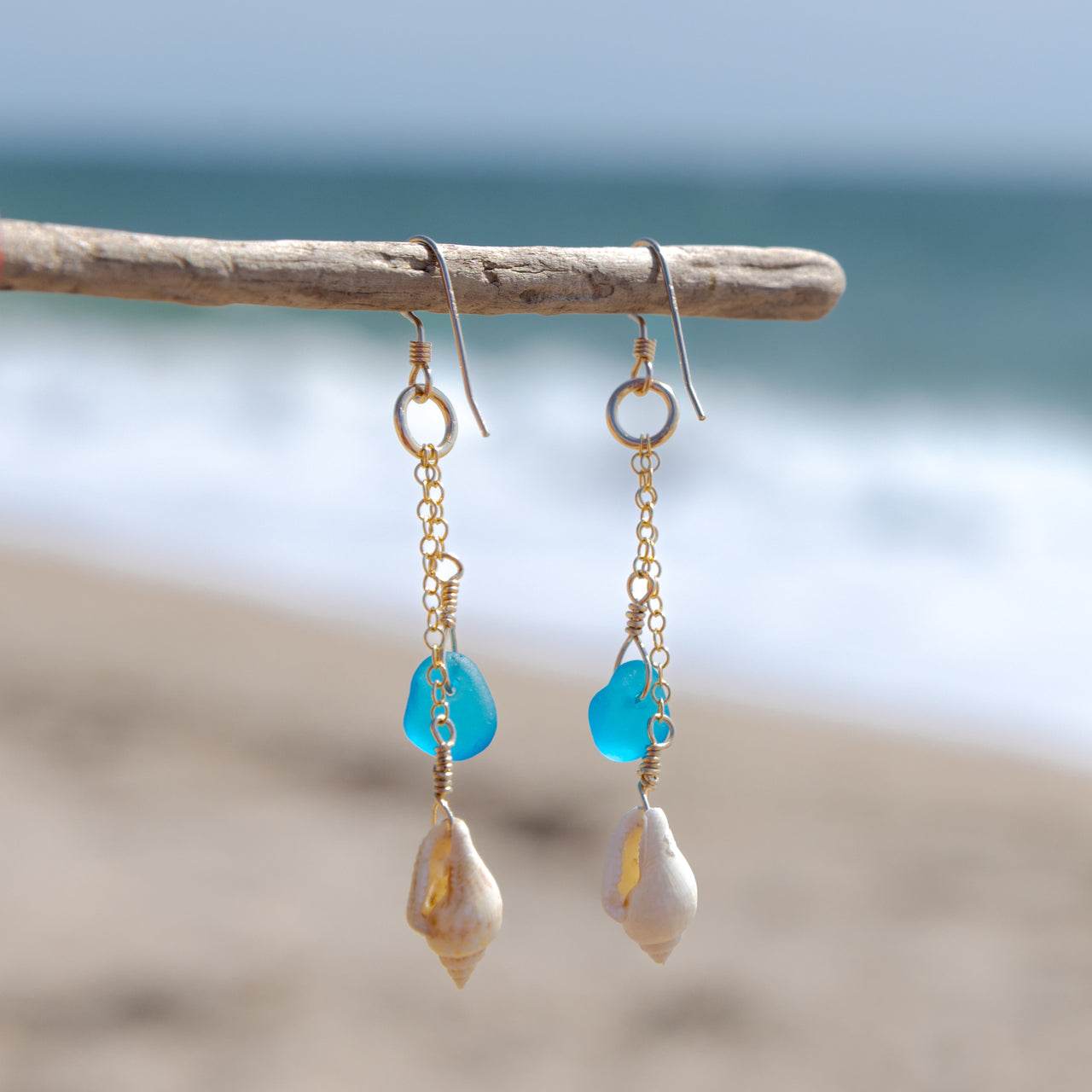Turquoise Blue Sea Glass and Seashell Dangle Earrings