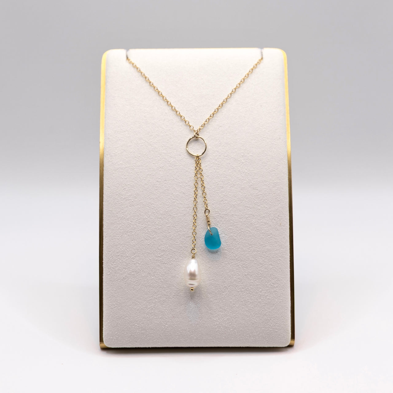 Teal Blue Sea Glass + Baroque Pearl Circle Drop Necklace