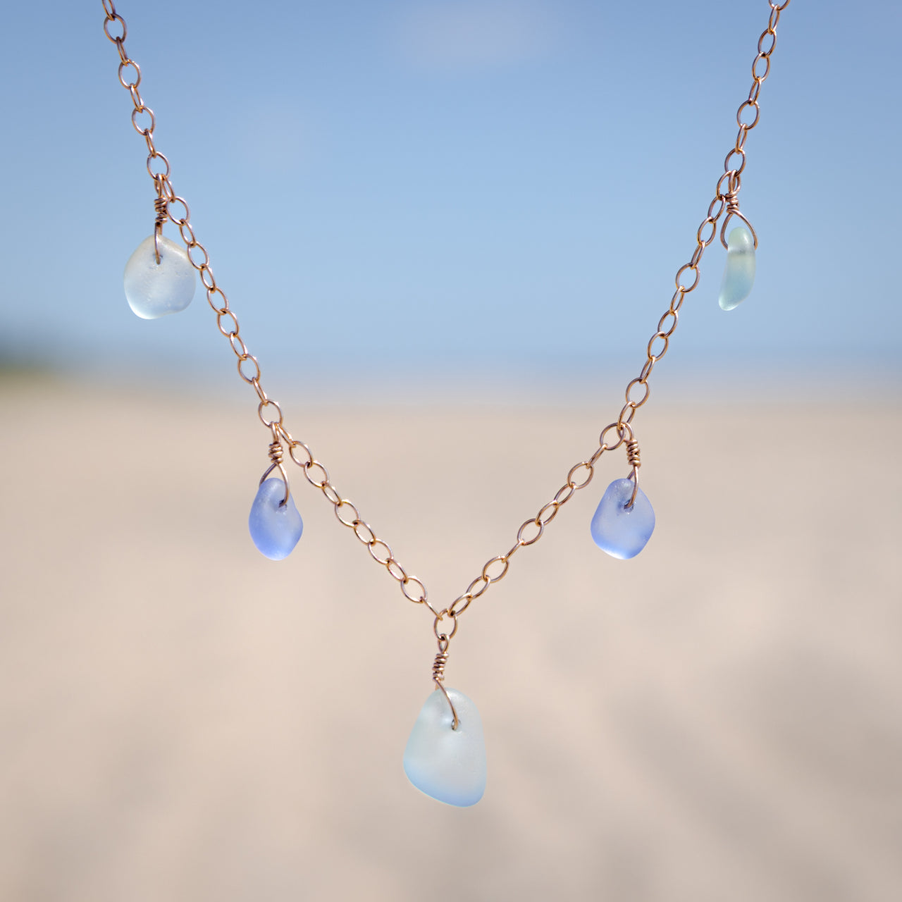 5 Charm Aqua Blue + Purple Blue Sea Glass Necklace