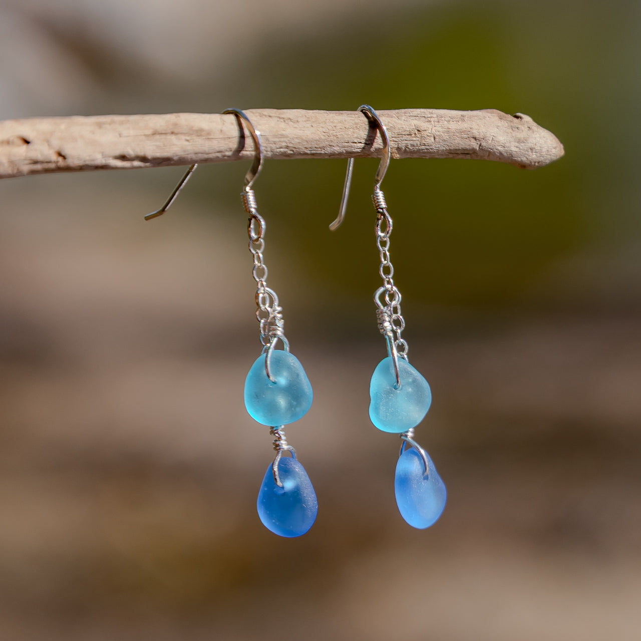 Blue Sea Glass Two Tone Earrings