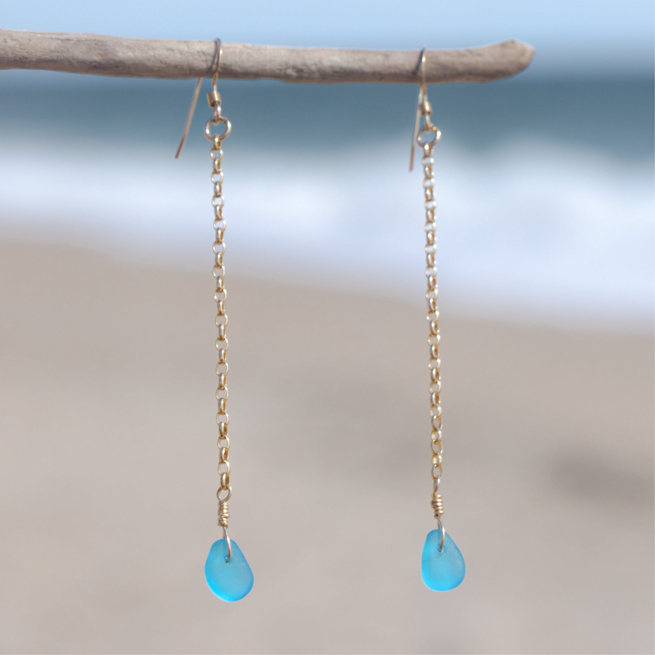 Turquoise Blue Sea Glass Drop Earrings
