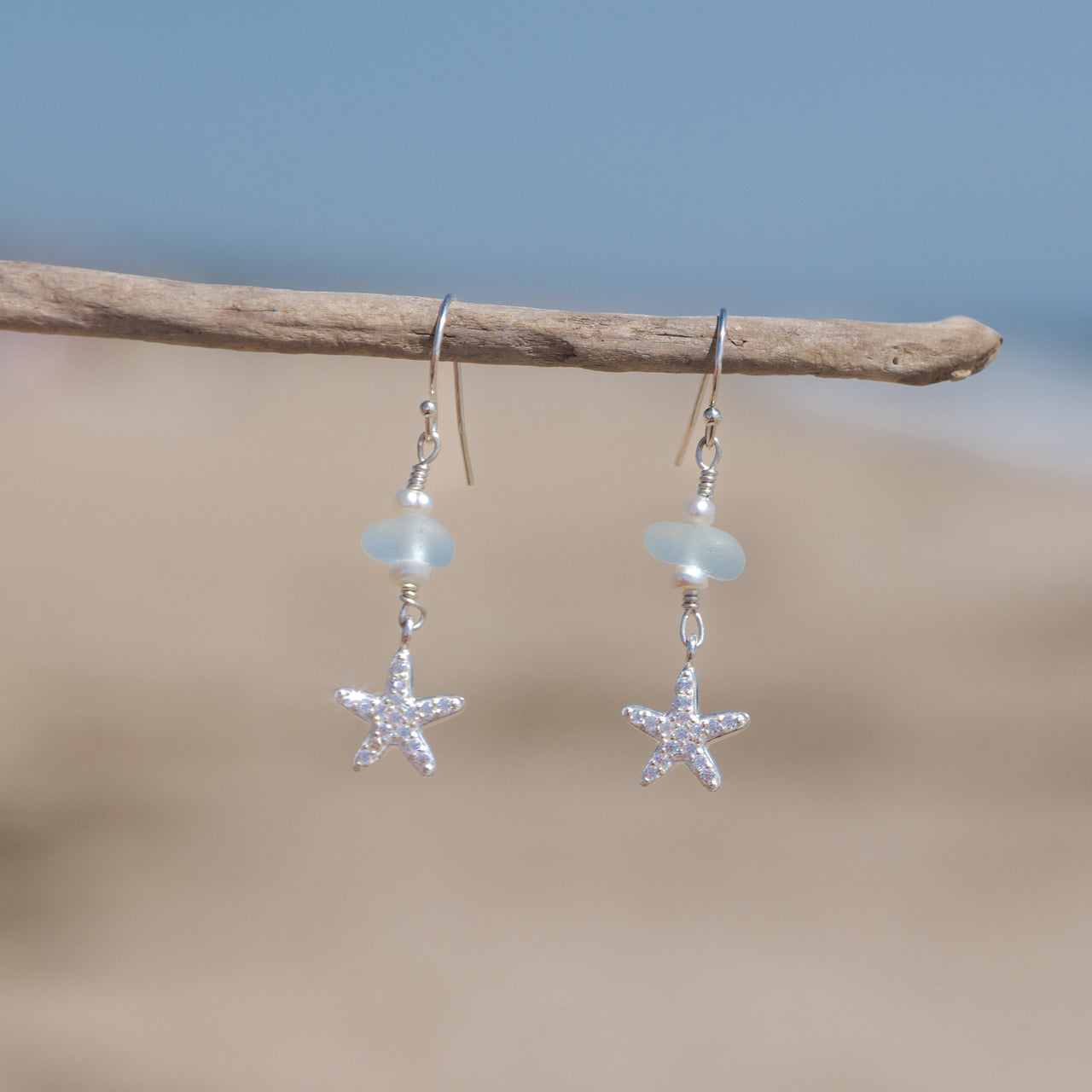 Sterling Silver Dainty Aqua Blue Sea Glass + Mini Baroque Pearl Starfish Earrings
