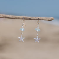 Sterling Silver Dainty Aqua Blue Sea Glass + Mini Baroque Pearl Starfish Earrings