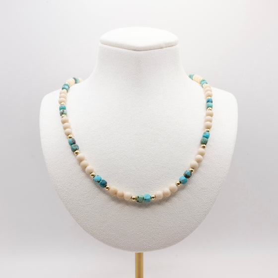 Beaded Turquoise and Fossil Jasper Necklace: Choice of 14k Gold Filled, 14k Rose Gold Filled or Sterling Silver
