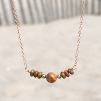 Unakite and Crazy Lace Agate Gemstone Beaded Necklace: 14k Rose Gold Filled Adjustable Chain