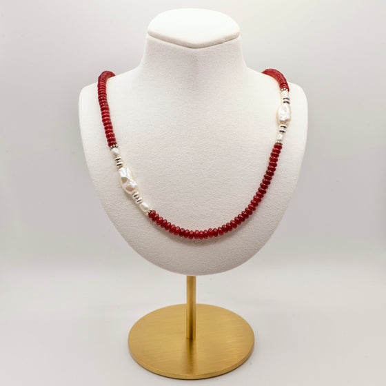 Red Garnet Jade and Pearl Beaded Necklace: Sterling Silver, Lobster Clasp, Adjustable Chain
