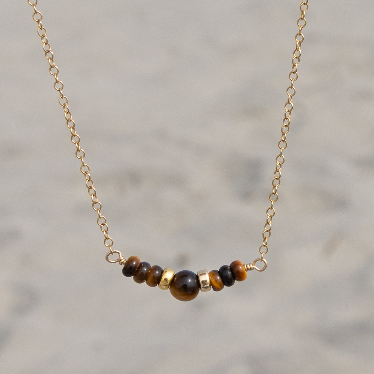 Tiger’s Eye Gemstone Beaded Necklace: 14k Gold Filled Adjustable Chain