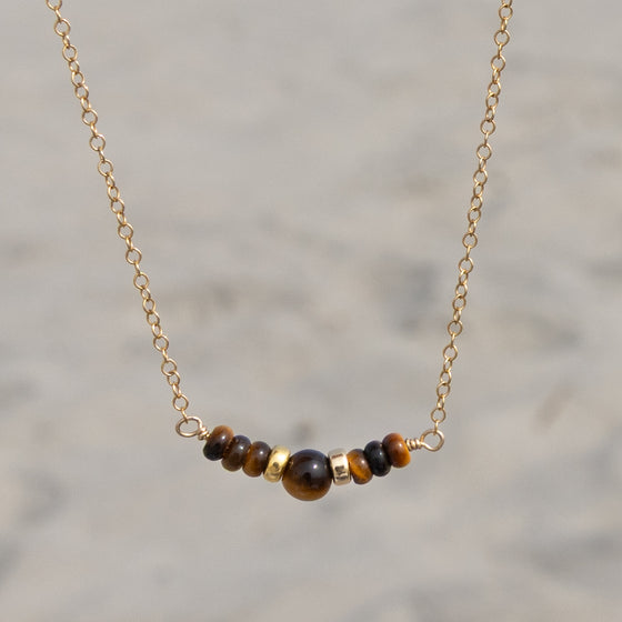 Tiger’s Eye Gemstone Beaded Necklace: 14k Gold Filled Adjustable Chain