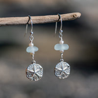 Sterling Silver Dainty Aqua Blue Sea Glass + Mini Baroque Pearl Sand Dollar Earrings