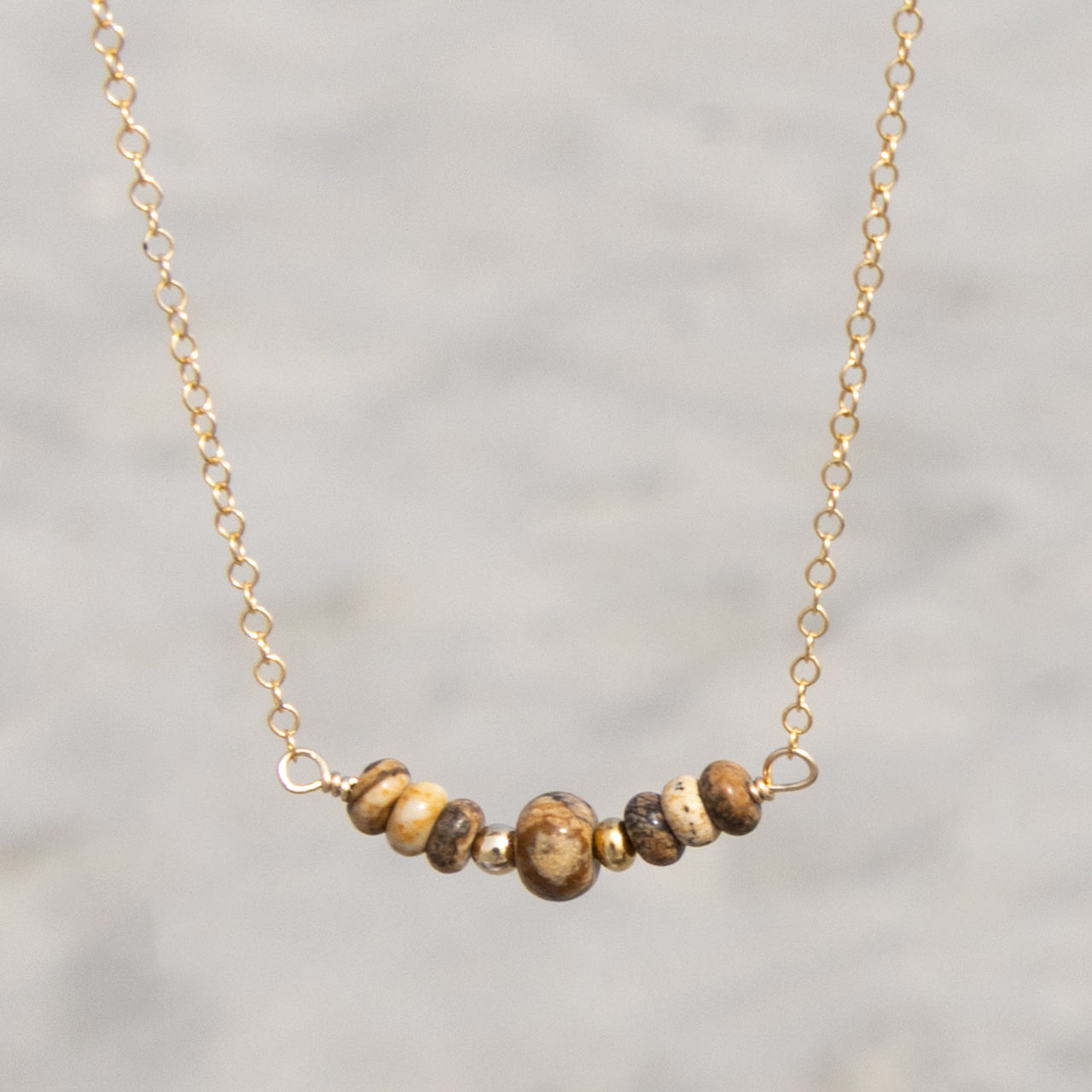 Natural Brown Jasper Gemstone Beaded Necklace: 14k Gold Filled Adjustable Chain