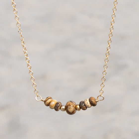 Natural Brown Jasper Gemstone Beaded Necklace: 14k Gold Filled Adjustable Chain