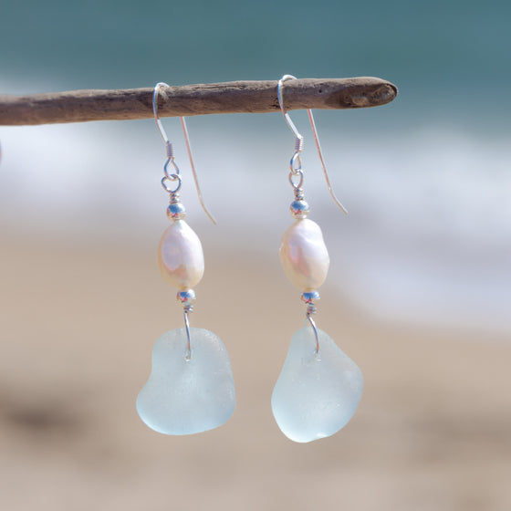 Aqua Blue Sea Glass + Baroque Pearl Earrings