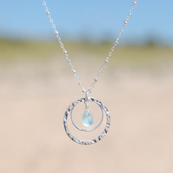 Aqua Blue Sea Glass and Double Circle Necklace
