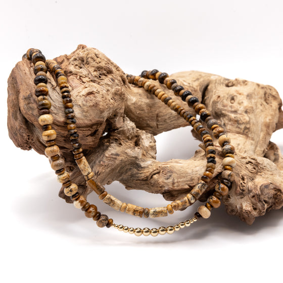 Tigers Eye and Brown Picture Jasper Necklace Set: Multicolor Beads, Gold Filled, Earth Tones