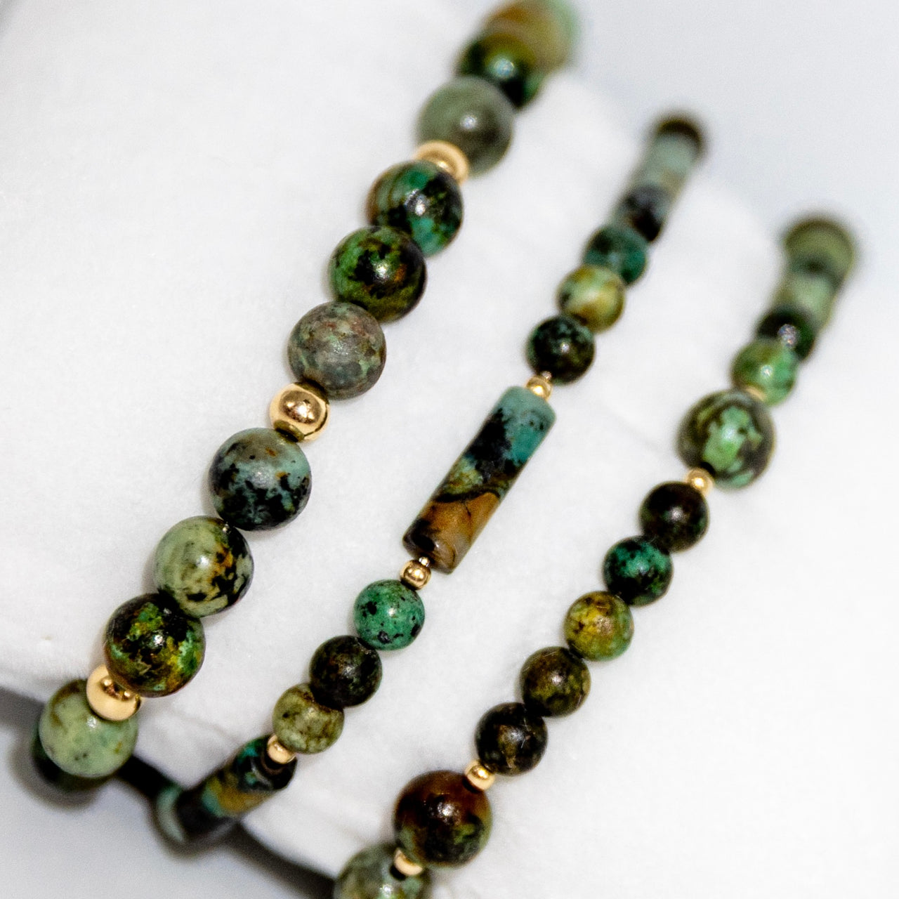 14k Gold Filled and African Turquoise Beaded Boho Style Stacking Bracelets (set of three bracelets)