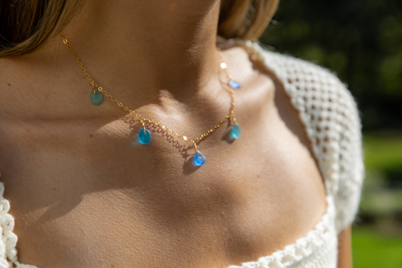 5 Charm Multicolor Turquoise Blue, Teal Blue and Blue Purple Sea Glass Necklace