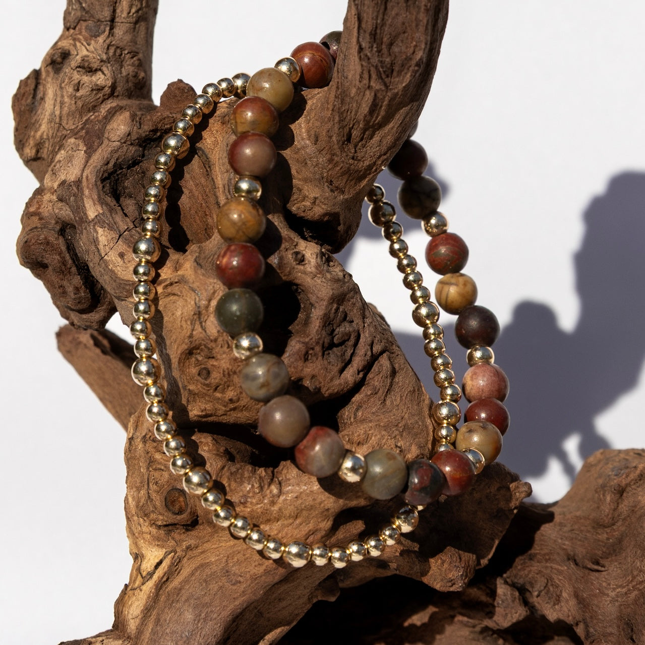 14k Gold Filled Red Creek Jasper Bracelet Set: Stacking Beaded Bracelets