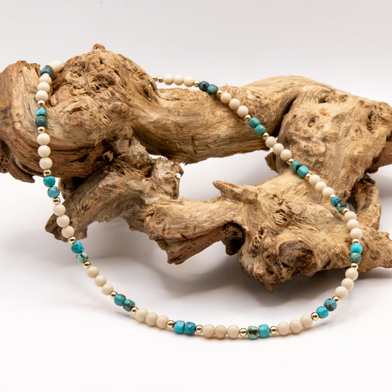 Beaded Turquoise and Fossil Jasper Necklace: Choice of 14k Gold Filled, 14k Rose Gold Filled or Sterling Silver