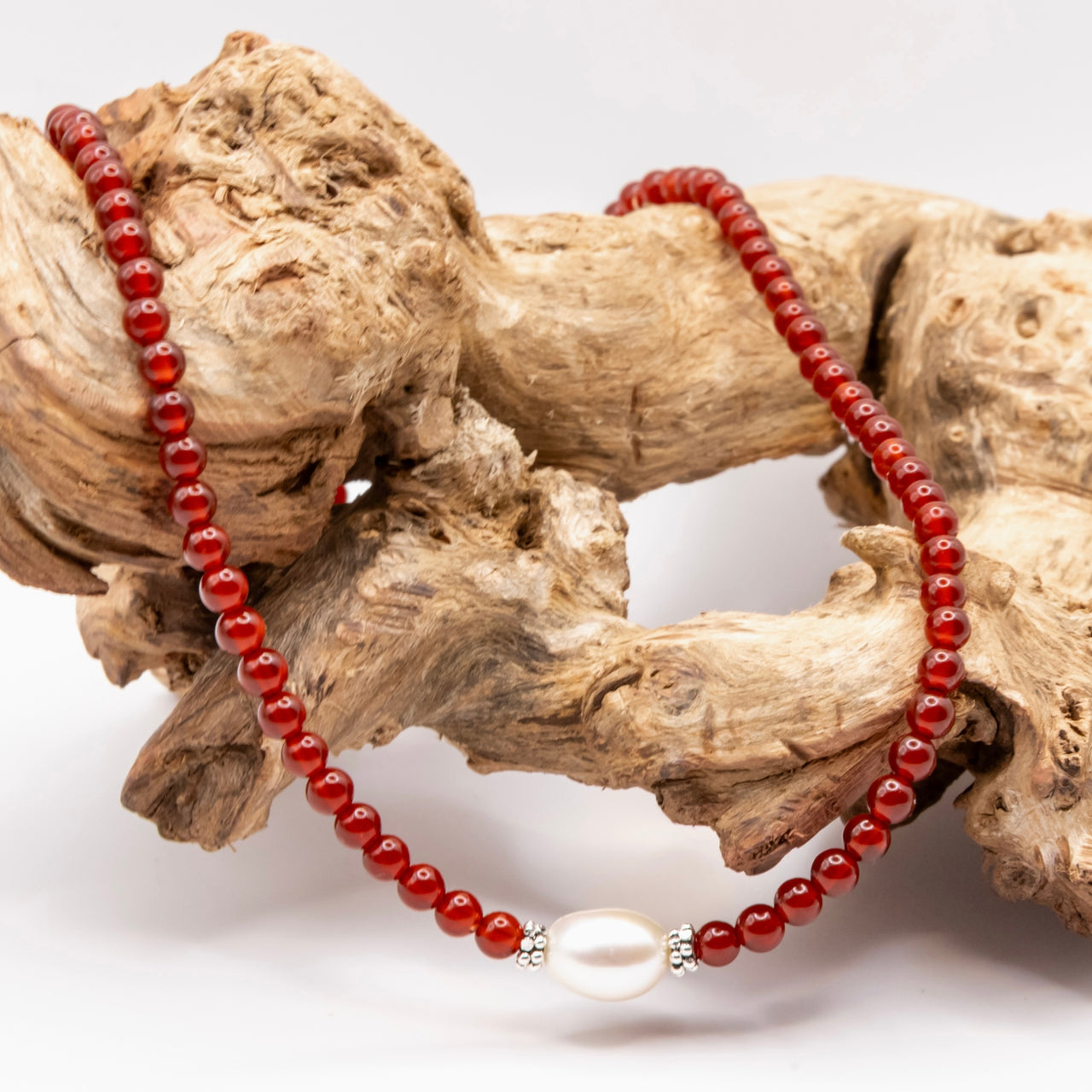 Carnelien and Baroque Pearl Beaded Necklace: Sterling Silver, Lobster Clasp, Adjustable Chain