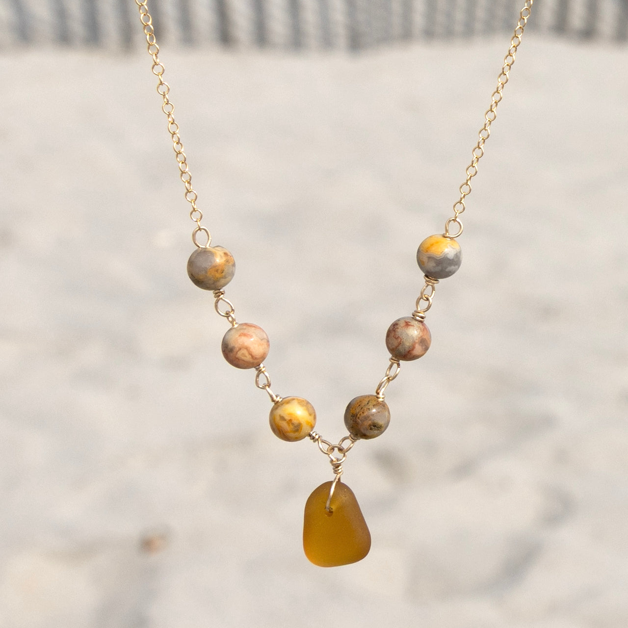 Genuine Amber Brown Sea Glass and Crazy Lace Agate Beaded Necklace: 14k Gold Filled Adjustable Chain