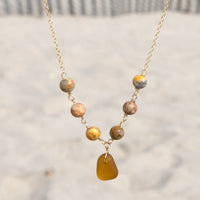 Genuine Amber Brown Sea Glass and Crazy Lace Agate Beaded Necklace: 14k Gold Filled Adjustable Chain