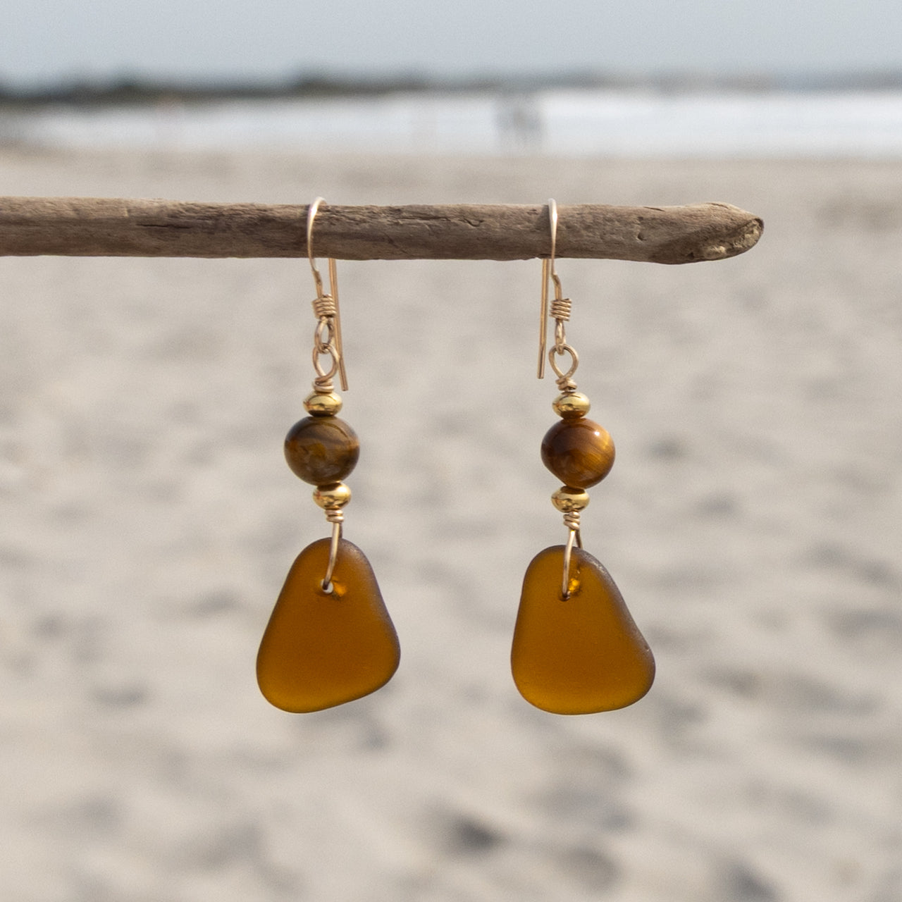14k Gold Filled Amber Brown Sea Glass and Tiger’s Eye Beaded Drop Earrings