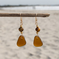14k Gold Filled Amber Brown Sea Glass and Tiger’s Eye Beaded Drop Earrings
