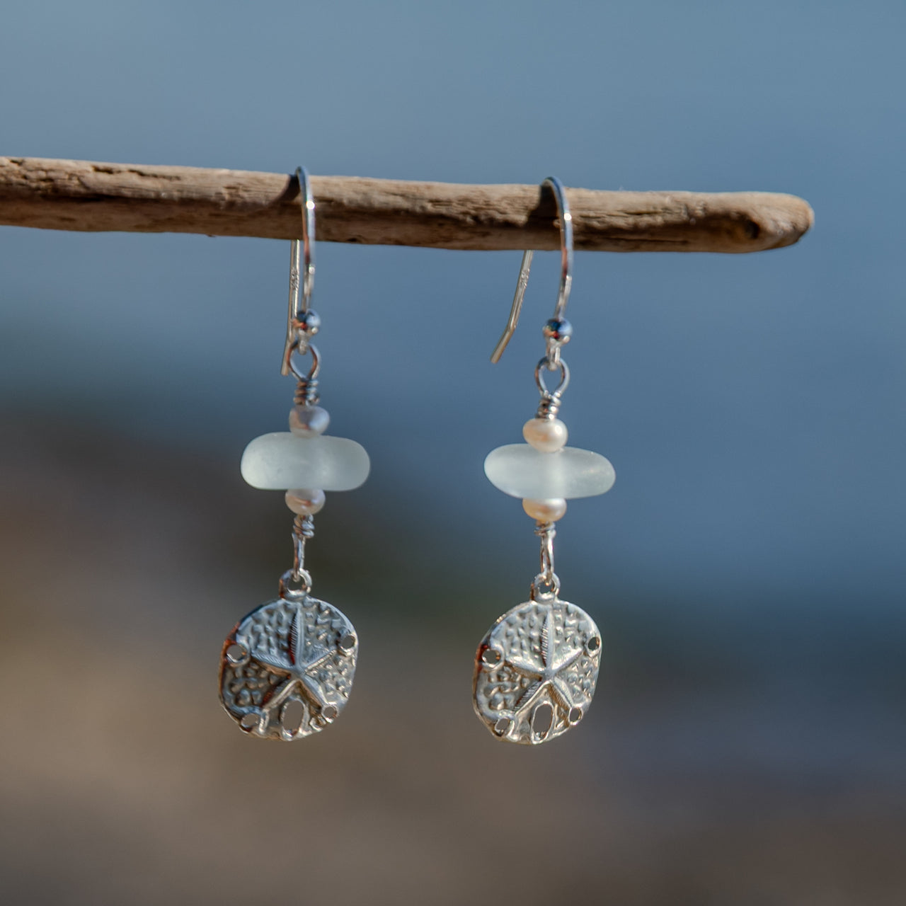 Sterling Silver Dainty Aqua Blue Sea Glass + Mini Baroque Pearl Sand Dollar Earrings