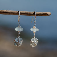 Sterling Silver Dainty Aqua Blue Sea Glass + Mini Baroque Pearl Sand Dollar Earrings