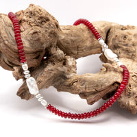 Red Garnet Jade and Pearl Beaded Necklace: Sterling Silver, Lobster Clasp, Adjustable Chain