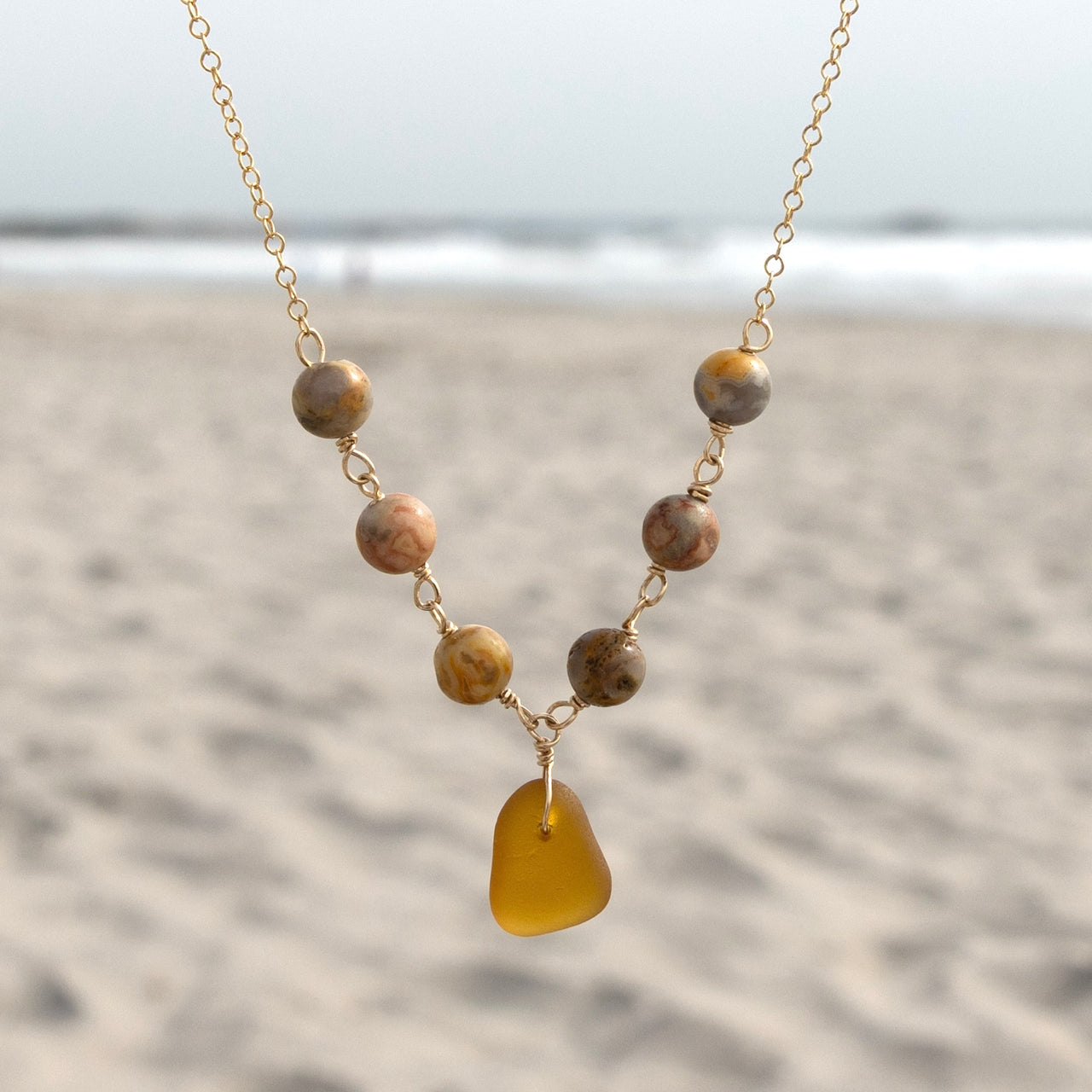 Genuine Amber Brown Sea Glass and Crazy Lace Agate Beaded Necklace: 14k Gold Filled Adjustable Chain