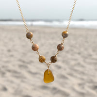Genuine Amber Brown Sea Glass and Crazy Lace Agate Beaded Necklace: 14k Gold Filled Adjustable Chain