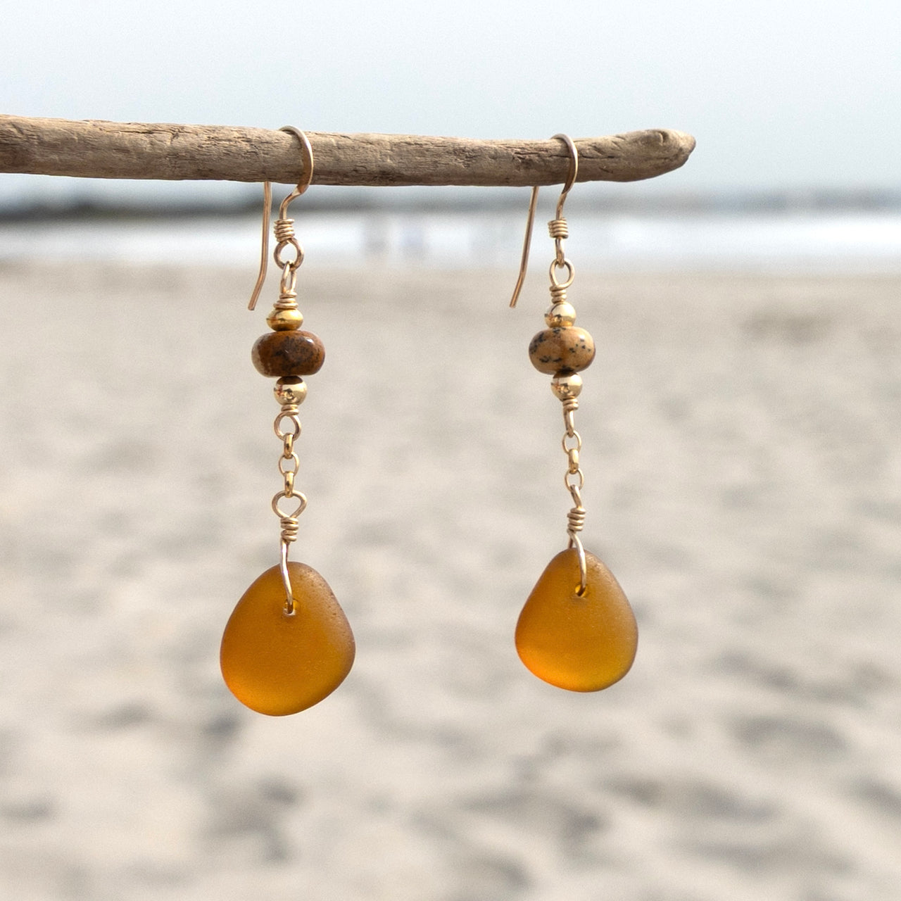 14k Gold Filled Amber Brown Sea Glass and Beaded Drop Earrings