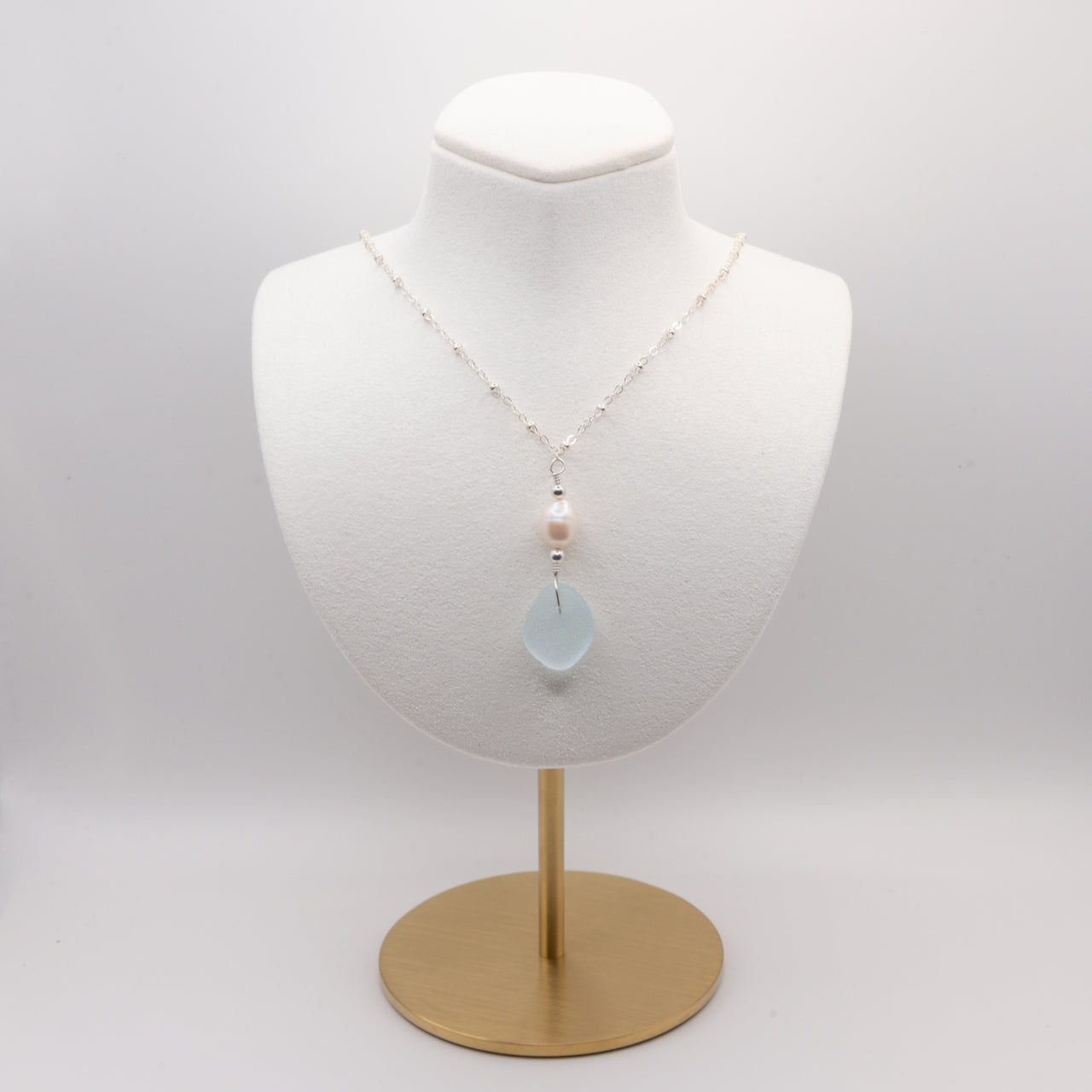Aqua Blue Sea Glass + Baroque Pearl Necklace