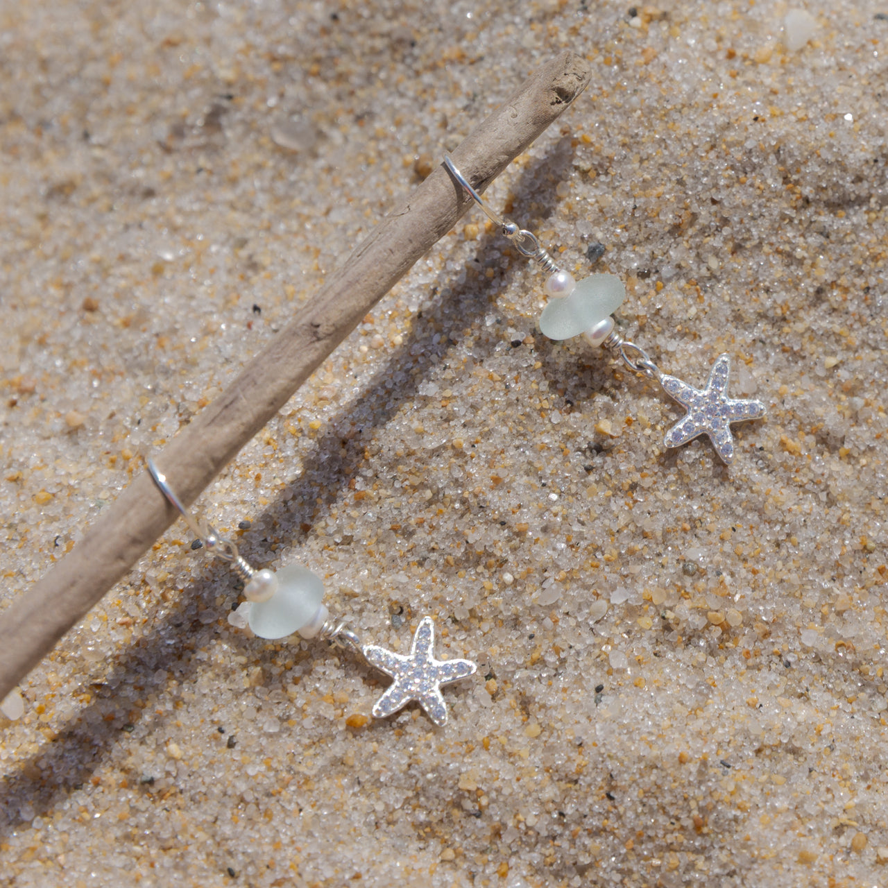 Sterling Silver Dainty Aqua Blue Sea Glass + Mini Baroque Pearl Starfish Earrings