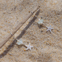 Sterling Silver Dainty Aqua Blue Sea Glass + Mini Baroque Pearl Starfish Earrings