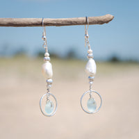 Aqua Blue Sea Glass + Baroque Pearl Circle Earrings