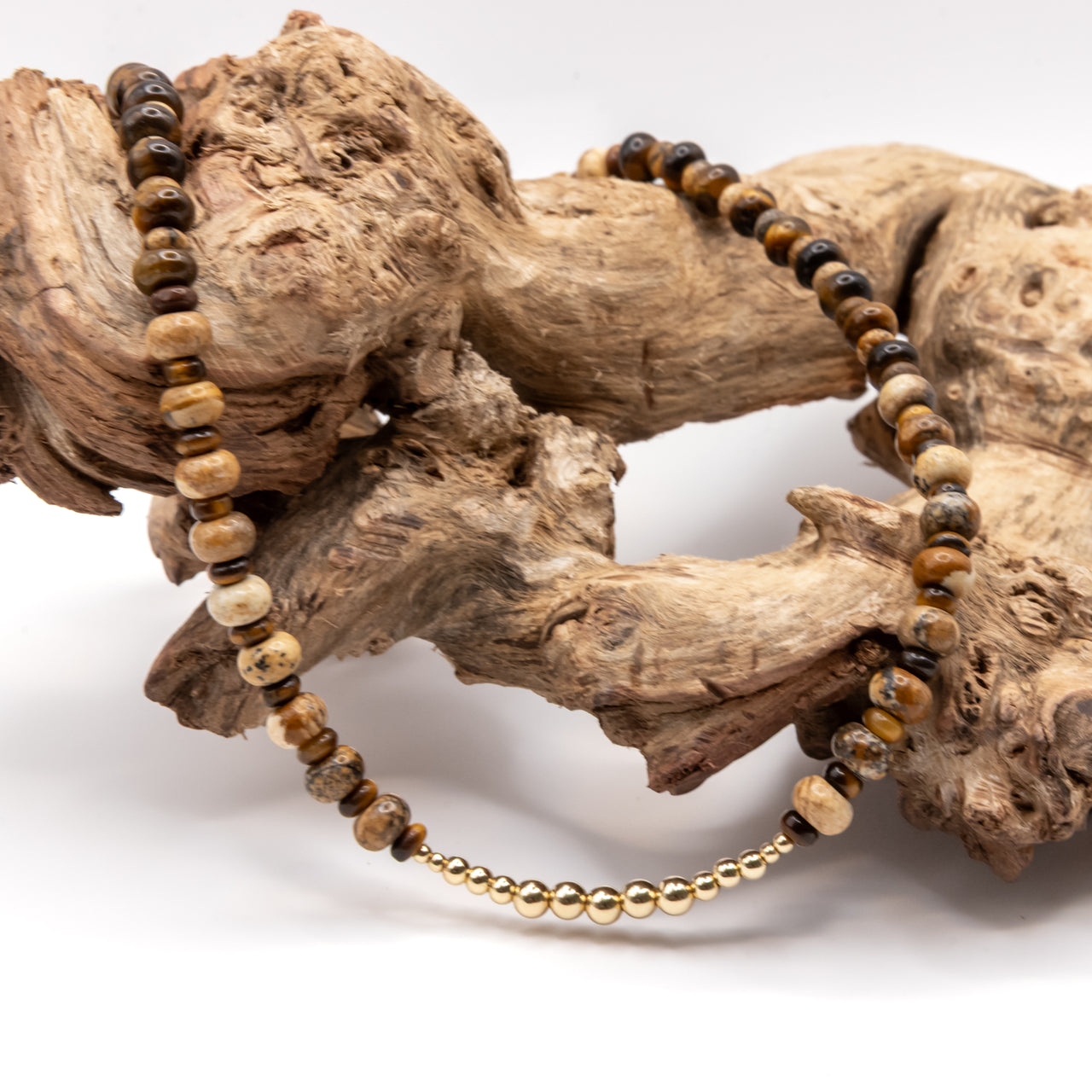 Tigers Eye and Brown Picture Jasper Necklace Set: Multicolor Beads, Gold Filled, Earth Tones