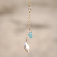 2 Charm Teal Blue Sea Glass + Seashell Necklace