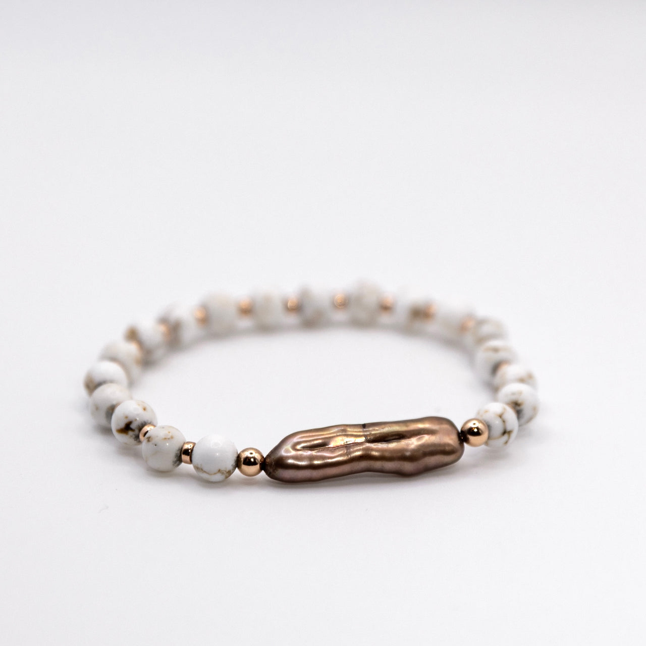 14k Rose Gold Filled, White Hematite and Mocha Biwa Pearl Beaded Boho Style Stacking Bracelet Set