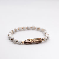 14k Rose Gold Filled, White Hematite and Mocha Biwa Pearl Beaded Boho Style Stacking Bracelet Set