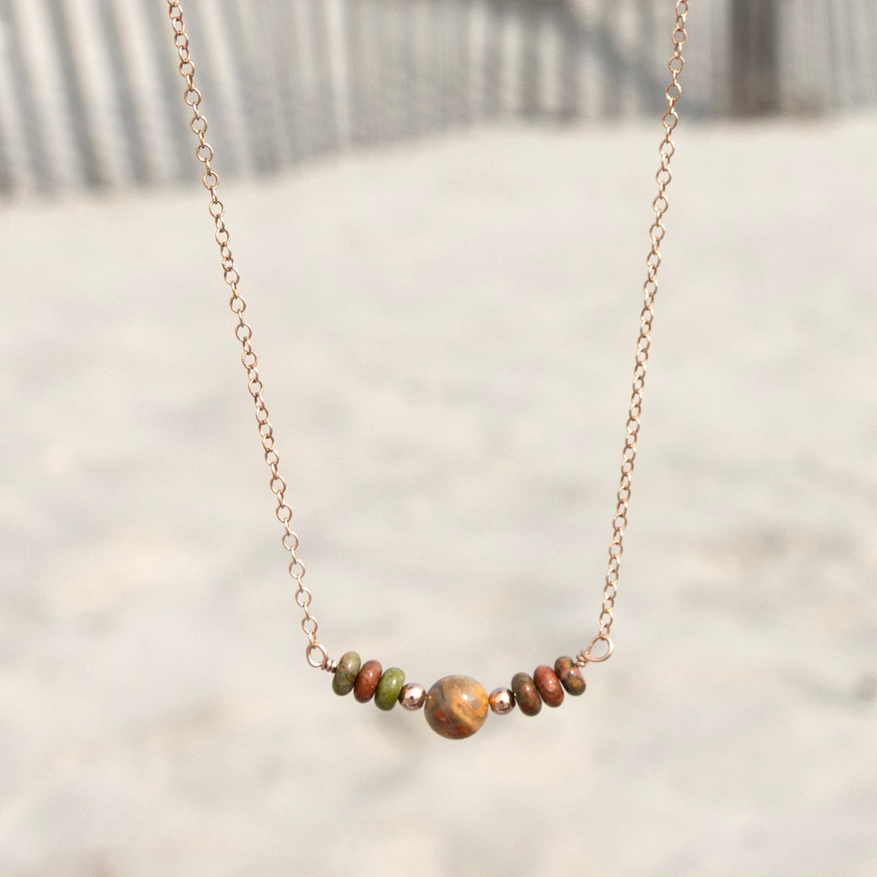 Unakite and Crazy Lace Agate Gemstone Beaded Necklace: 14k Rose Gold Filled Adjustable Chain
