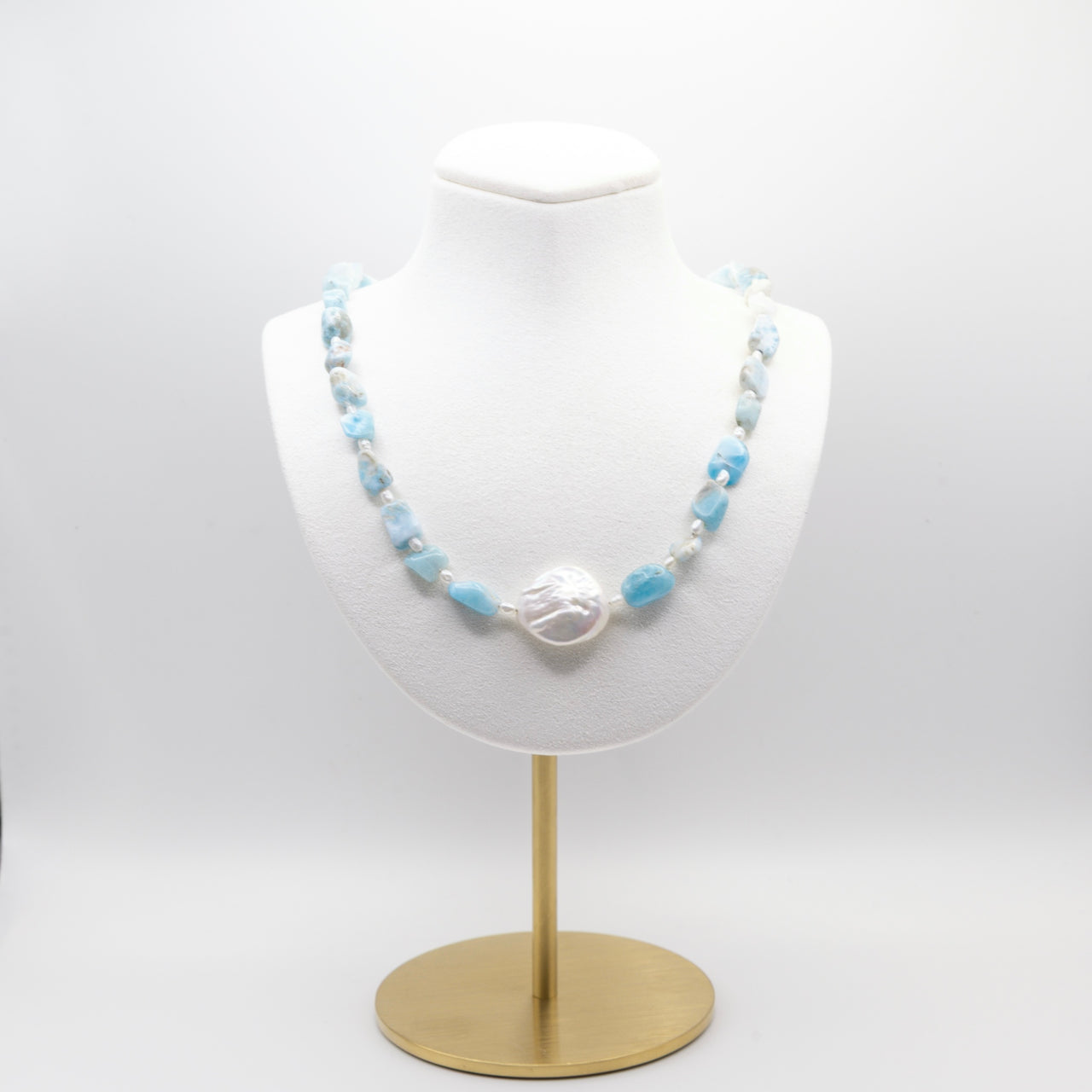 Larimar and Coin Pearl Beaded Necklace: Sterling Silver, Lobster Clasp, Adjustable Chain