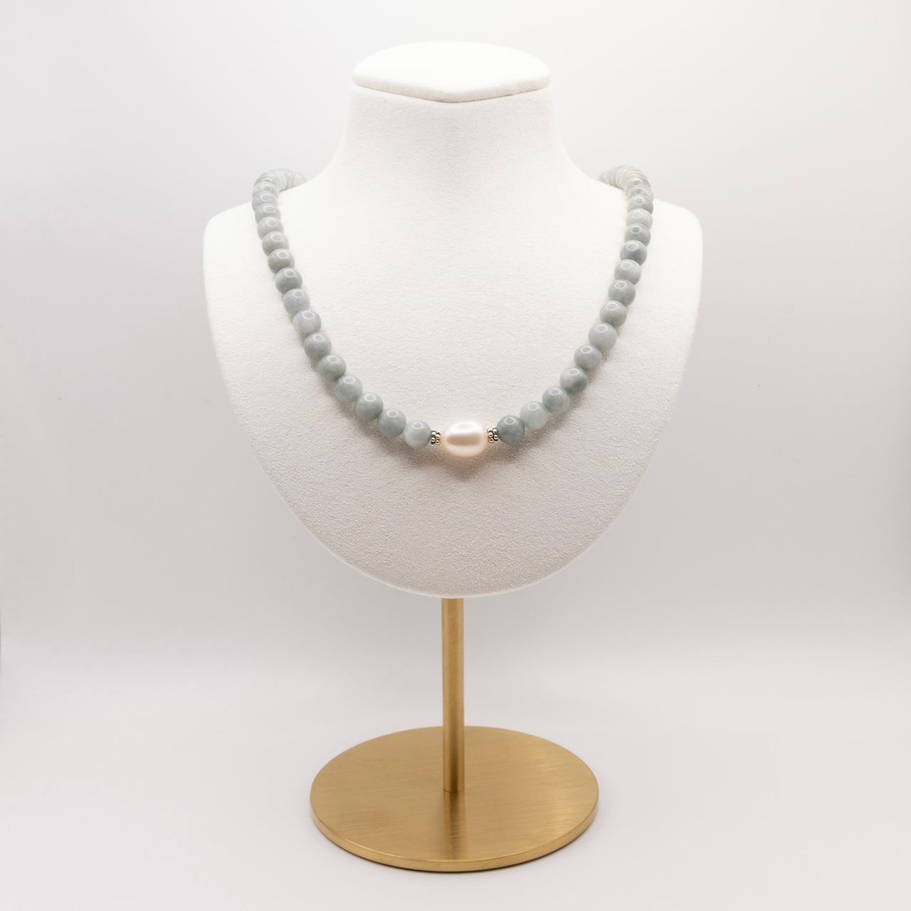 Burmese Jade  and Baroque Pearl Beaded Necklace: Sterling Silver, Lobster Clasp, Adjustable Chain