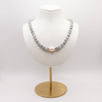 Burmese Jade  and Baroque Pearl Beaded Necklace: Sterling Silver, Lobster Clasp, Adjustable Chain