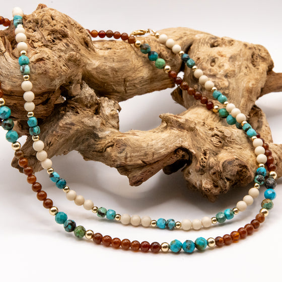 Beaded Turquoise, Hessonite Garnet and Fossil Jasper Necklace Set: Choice of 14k Gold Filled, 14k Rose Gold Filled or Sterling Silver