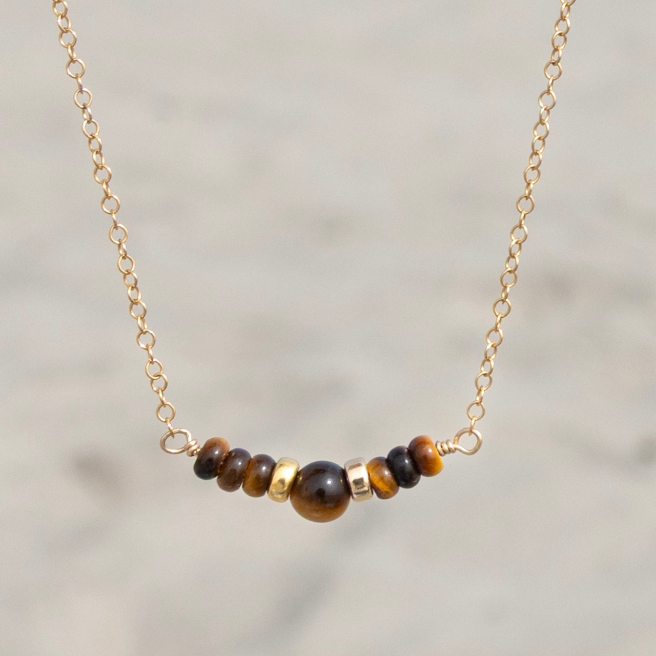 Tiger’s Eye Gemstone Beaded Necklace: 14k Gold Filled Adjustable Chain