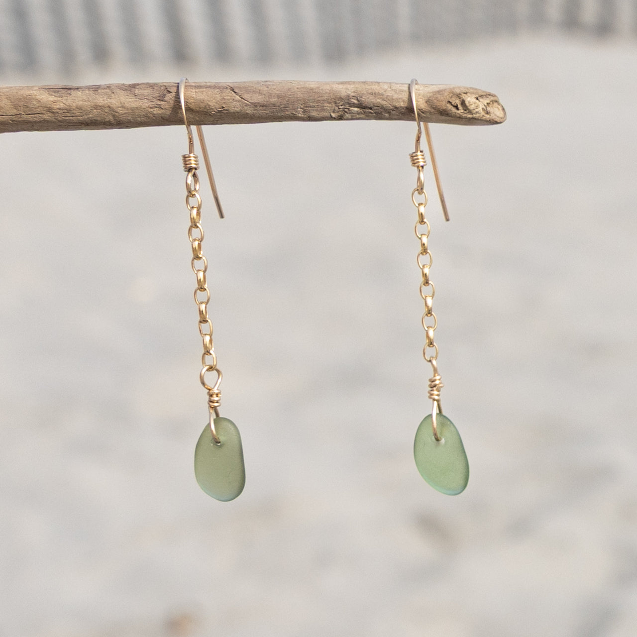 14k Gold Filled Sage Green Sea Glass Drop Earrings
