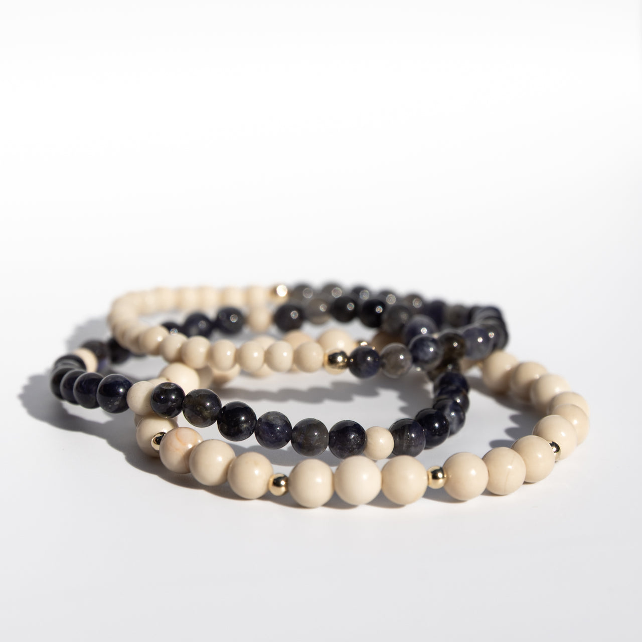 Iolite Fossil Jasper Bracelet Set: 14k Gold Filled Beaded Stack
