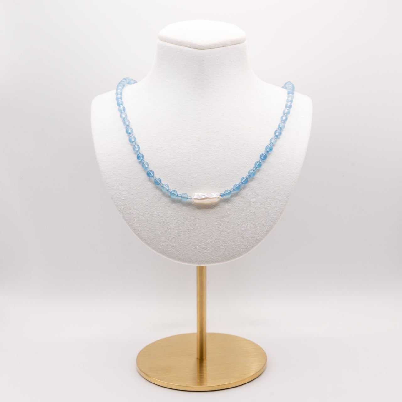 Aquamarine and Biwa Pearl Beaded Necklace:  Adjustable, Sterling Silver, Beach Jewelry, Grade A+ Aquamarine